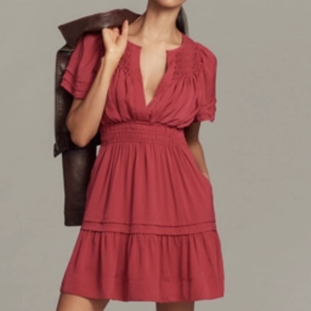 Anthropologie Rose-Red Smocked Waist Mini Dress